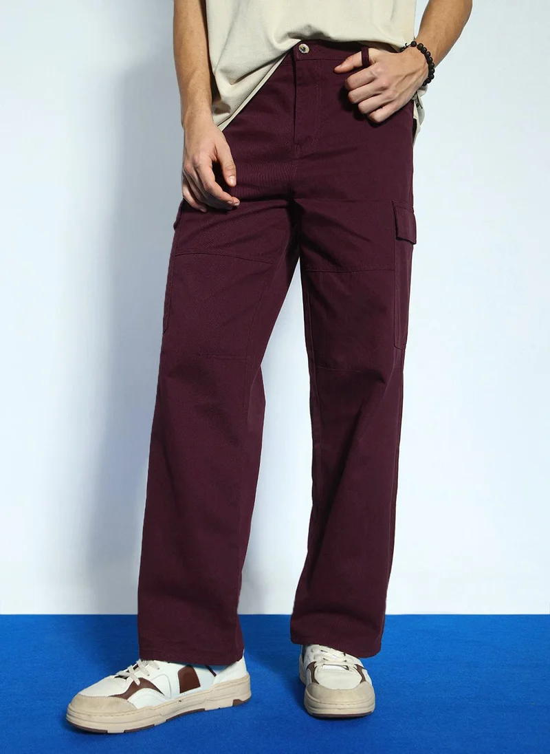 Urbano Fashion Men's Maroon Loose Baggy Fit Solid Cargo Chino Pant with 6 Pockets Non-Stretchable